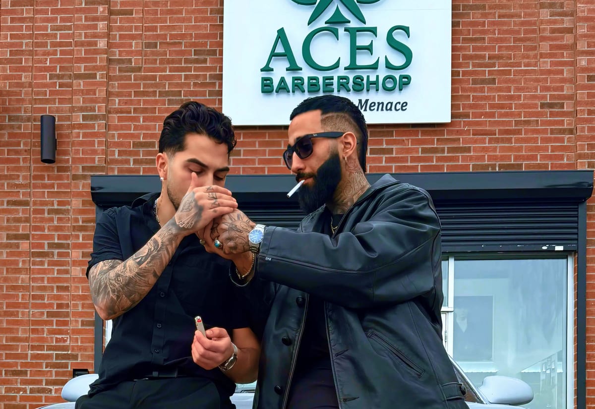 AR and Negini outside Aces Barbershop in Keswick